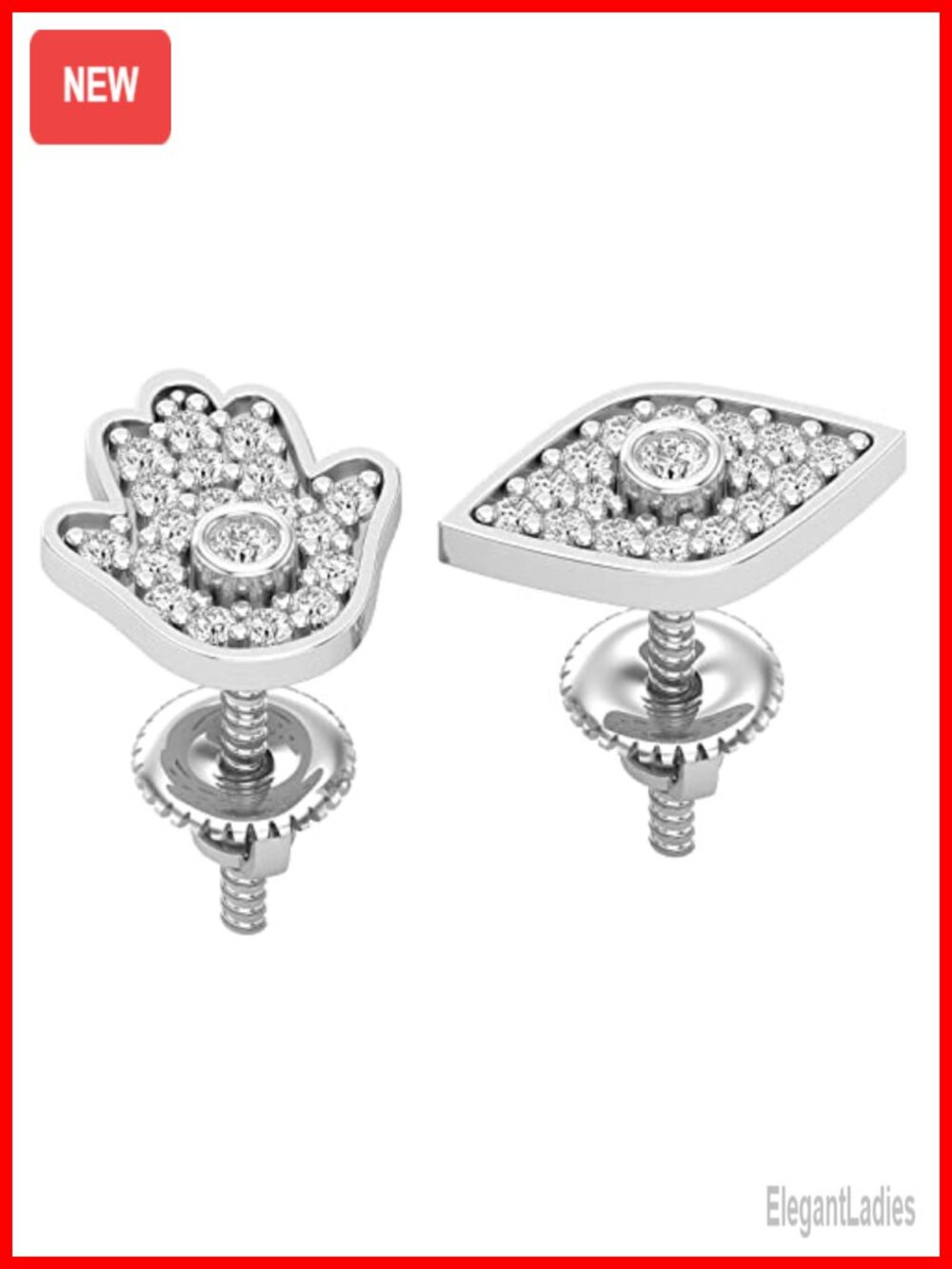 Sterling Silver Diamond Hamsa Hand Evil Eye Screw Back Stud Earrings